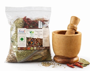 Indian Whole Spice Combo with Wooden Mortar & Pestle | Authentic Masala Grinding Set