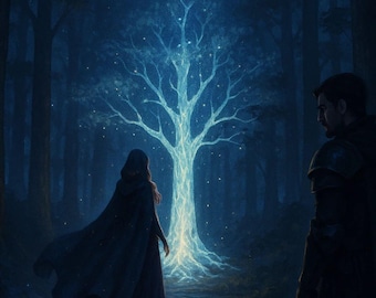 May include: Book cover art for "Starweaver's Dawn" by Tauqir Husain. The image depicts a mystical forest scene with a glowing tree at the center. A figure in a dark cloak stands before the tree, with another figure in the background.