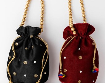 Handcrafted Velvet Potli Bag Set: Beaded Indian Wedding Favor
