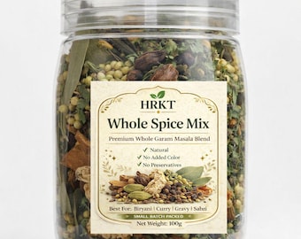 May include: A clear jar filled with a whole spice mix, featuring a variety of herbs and spices. The label reads "HRKT Whole Spice Mix, Premium Whole Garam Masala Blend." The jar contains 100g of spices, perfect for biryani, curry, gravy, and sabzi.