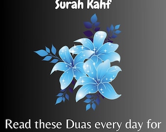 May include: A black background with blue flowers and white text that reads "Blessings and Guidance: Surah Yaseen, Surah Rahman, and Surah Kahf. Read these Duas every day for success in your life. Minha Vaseem."