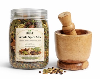 May include: A clear glass jar filled with a whole spice mix, a wooden mortar and pestle, and a small pile of spices. The jar has a label that reads "HRKT Whole Spice Mix." The net weight is 100g.