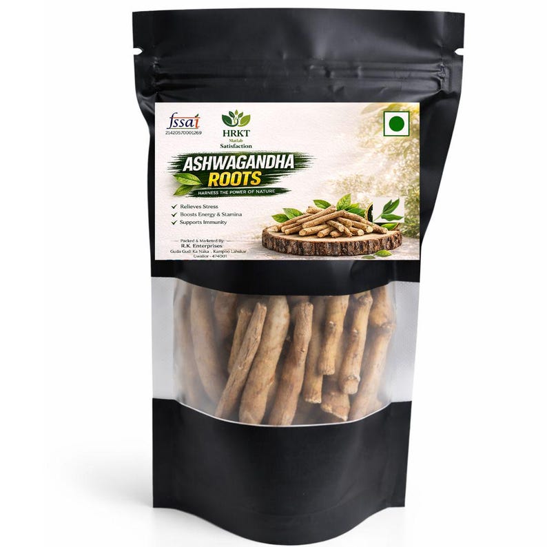 May include: A black pouch with a clear window displaying ashwagandha roots. The label reads "ASHWAGANDHA ROOTS" with text indicating benefits. The roots are light brown, and the packaging is sealed.