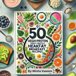 May include: A cookbook cover featuring a colourful illustration of fruits, vegetables and breakfast foods. The title is "50 High-Protein Breakfast Recipes" and the author is "By-Minha Vaseem".