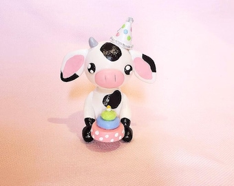 DISCOUNTED Handmade Polymer Clay Birthday Cow Sculpture