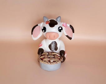 DISCOUNTED Adorable Handmade Polymer Clay Cow Holding Strawberry Pie Figure