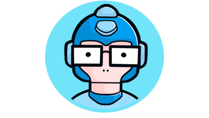 May include: A cartoon illustration of a robot-like character with a blue helmet, glasses, and a light blue face, set against a light blue circular background. The character has a white face and a black dot on each lens of the glasses.