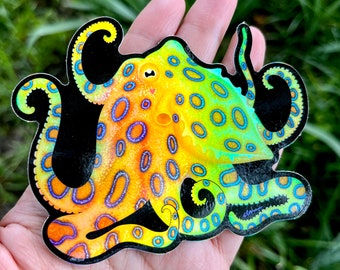4” Blue Ringed Octopus Holographic Sticker/ Coral, reef and sea animal art for water bottle,  laptop and saltwater aquarium