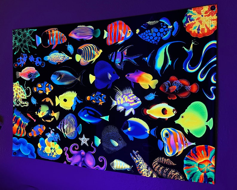 36x24 Reef Fish UV Blacklight Reactive Tapestry/ Reef Art/ Aquarium