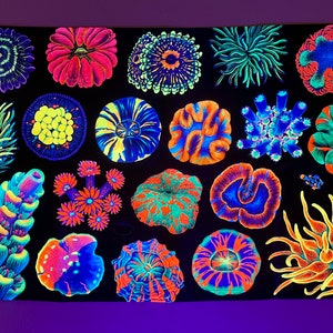 36x24” Coral Reef UV Blacklight Reactive Tapestry/ Reef Art/ Aquarium Decor/ Saltwater Tank/ Sea Animal/ Fish/ Coral Reef Art/ Fluorescent