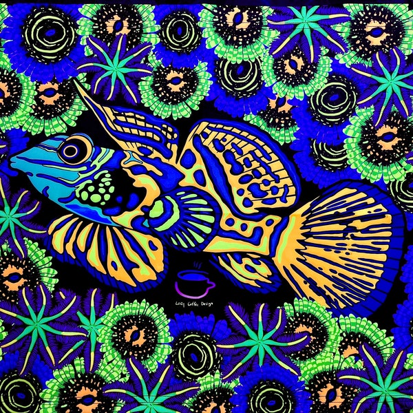 24x18”Mandarin goby UV Blacklight Reactive Tapestry/ Reef Art/ Aquarium Decor/ Saltwater Tank/ Sea Animal/ Fish/ Coral Reef Art/ Fluorescent