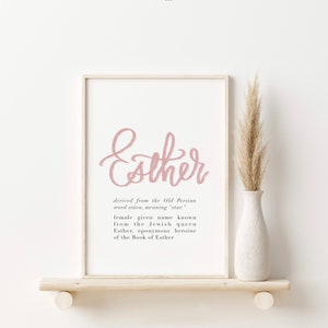 Esther Biblical Name Description Wall Art, Blush Pink Calligraphy Name Meaning, Printable Baby Girls Bedroom Nursery Decor, Digital Print