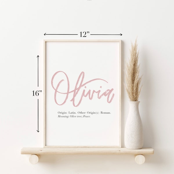 Olivia Olive Name Beschreibung Wandkunst, Blush Pink Kalligraphie Name Bedeutung, Baby Shower Geschenk, Mädchen Schlafzimmer Kinderzimmer Dekor, Digitaldruck