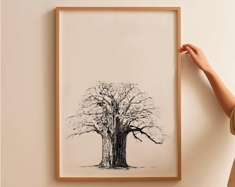 Op de afbeelding: Een zwart-witte lijntekening van een grote boom met veel takken, ingelijst in een licht houten frame.