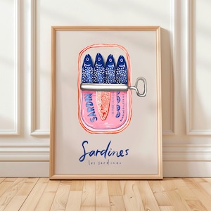 Arte de pared retro, póster de sardinas vintage, impresión de mariscos franceses, impresión de pared ecléctica de moda, arte de cocina colorido, impresión vibrante de bar y restaurante