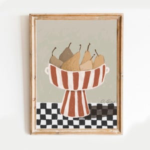 Eklektisches Wohndekor, Trendiges Stillleben Obstschale Poster, Karierter Tisch und Birnen Druck, Stillleben druckbare Kunst, Küchen Wandkunst