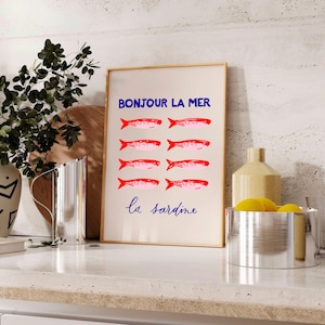 Impresión de sardinas francesas, arte mural con peces, estilo Andy Warhol, decoración de cocina moderna, pintura de naturaleza muerta francesa, Bonjour La Mer, arte pop con sardinas