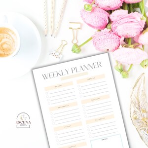 May include: A weekly planner with a simple design. The planner has a white background with a light peach coloured header that says "Weekly Planner". The planner has spaces for each day of the week, Monday through Sunday, with a section for notes at the bottom.