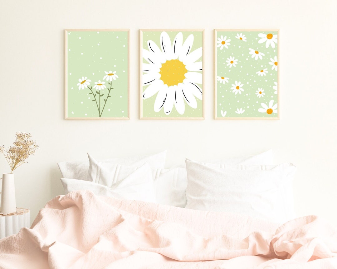 Sage Green Set of 3 Wall Art Bundle Boho Floral Daisy Flower Market ...