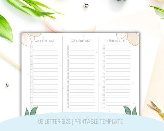 May include: A white printable template featuring three vertical columns labeled GROCERY LIST. Each column contains a checklist with horizontal lines and small square boxes. The design includes soft pink floral accents at the top and green leaves at the bottom.