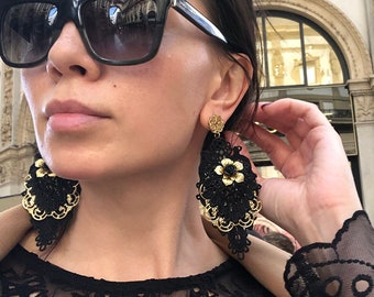 Boucles D'Oreilles Croix Style Gothique Victorien - Or 14K Simulé / Cristaux - Fabriqué En Italie