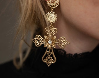 Baroque Cross Earrings For Women - Vintage Chunky Gold Dangle Earrings, Big Faith Statement Jewelry