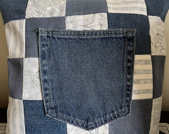 Recycled Denim Pocket Cushion 17 x 17" includes Filling Pad Handmade