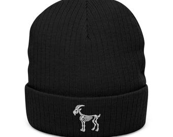 Embroidered Goat  Skeleton Ribbed Knit Beanie