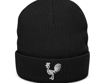 Embroidered Rooster Skeleton Ribbed Knit Beanie