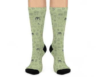Sage Green Farm Animal Sketch Crew Socks – Cushioned Barnyard Pattern
