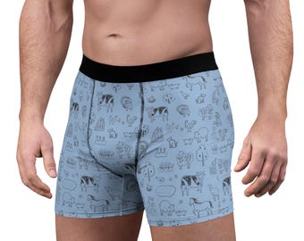 Barnyard Pattern Boxer Briefs — Light Blue Farm Animal All-Over Print