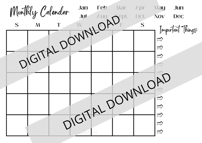 Monthly Calendar Printable // Blank Yearly Templates // A3 & A4 Size ...