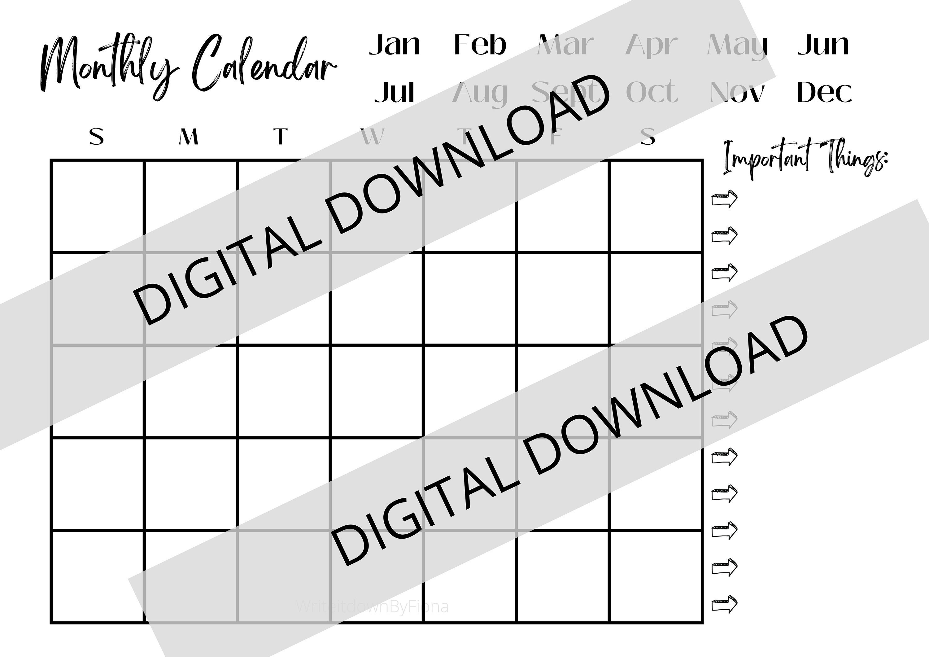 Monthly Calendar Printable // Blank Yearly Templates // A3 & A4 Size ...