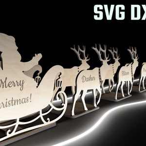 Slitta di Babbo Natale e renne con nome File tagliati al laser Decorazioni natalizie da tavolo Vettore Glowforge / SVG, DXF, AI /