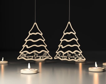 Christmas Tree Decorations Laser Cut Files With Text Merry Christmas And Happy New Year DXF SVG AI Hanging Ornament Silhouette Glowforge