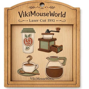 Puede incluir: Letrero de madera con diseños de café cortados con láser. Incluye una taza de café, una cafetera, un molinillo de café y una taza de café para llevar con un diseño de manzana. El letrero tiene el texto "VikiMouseWorld - Laser Cut SVG".