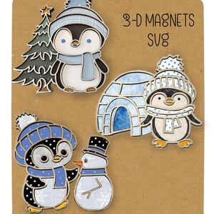 Set de imanes SVG de pingüinos navideños. Adornos navideños SVG de pingüinos para láser. Etiquetas colgantes SVG. Archivos listos para cortar con láser Glowforge.