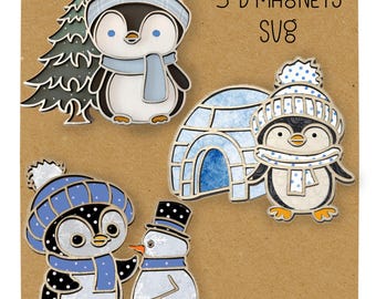 Christmas penguins svg magnet set. SVG laser penguin Christmas ornaments. SVG file hang tags.  Laser ready cut files Glowforge, laser svg