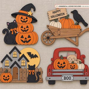 Halloween Laser Cut SVG Bundle, Fall Wood Decor, Pumpkin Cat Haunted House Wheelbarrow Truck Digital File