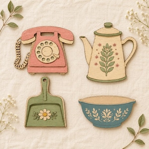 May include: A set of four flat wooden cutouts featuring a pink rotary telephone, a cream-colored teapot with green leaf and pink flower patterns, a sage green dustpan with a white daisy, and a blue bowl with white floral and leaf designs.