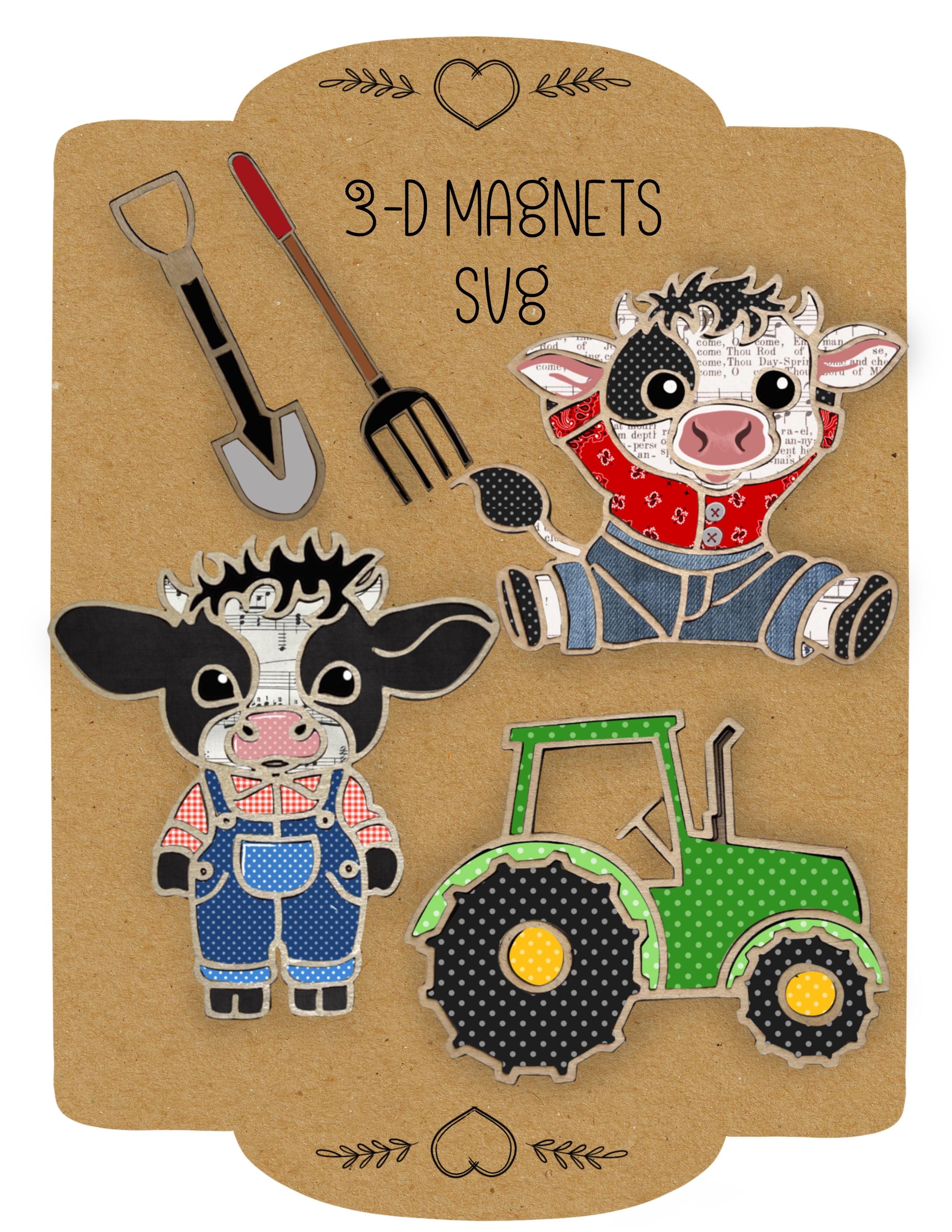 Cow farmer farmhouse decor svg laser cut file. Cow tractor magnet set. PDF, SVG, DCX holiday decor instant download.  Glowforge cut files