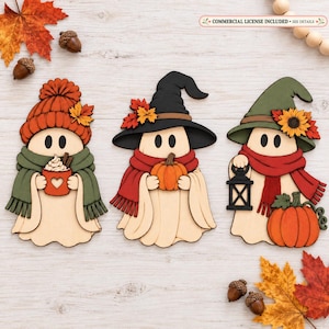 Cozy Autumn Ghosts SVG bundle, Fall season ornaments, accent magnets. Spooky season charm