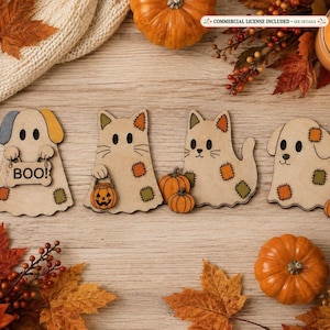 Patch ghost pets Precut woodcraft kit | set 4 patchwork cat dog Halloween ghost DIY | cozy fall wood blanks | laser cut spooky decor