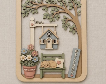 Birdhouse Garden Wall Hanger, Layered Laser Pre-Cut , Puppy Bench Sign, Welcome Door Hanger, Farmhouse Decor, Unpainted Wood Craft Kit