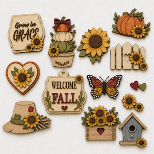以下が含まれることがあります： Grow in GraceやWelcome Fallと書かれた看板、カボチャの積み重ね、ヒマワリ、柵、蝶、帽子、ヒマワリが入った木箱、巣箱、小さなハートなど、秋をテーマにした木製の切り抜き装飾品のコレクション。