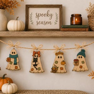 Set di file SVG di fantasmi patchwork accoglienti / set di 4 fantasmi patchwork di Halloween fai da te / design autunnale accogliente / decorazione spettrale tagliata al laser
