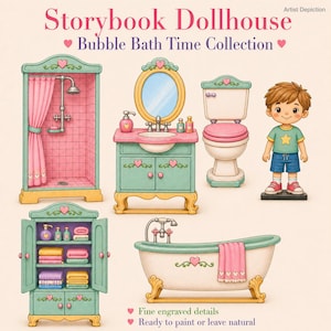 May include: A collection of dollhouse bathroom furniture and a doll. The set includes a shower, vanity, toilet, cabinet, and bathtub. The furniture is teal, pink, and gold, with heart accents. The doll is wearing a green shirt and blue shorts.