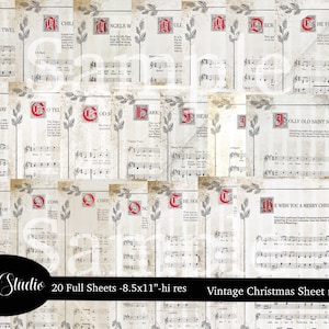 Partituras navideñas vintage efímeras hojas de collage música digital villancicos diario basura Old worn vintage Christmas decoupage