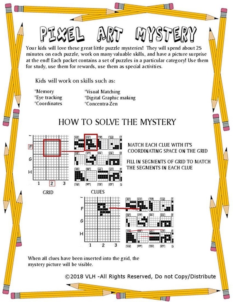 Pixel Mystery Pencil Puzzle Worksheet Packets for All Ages Digital Downloads Classroom Fun