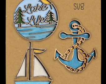 Laser-Svg-Magnet-Set mit Küstensee-Motiven. SVG-Datei, Coasta l Wandhänger DIY.  Laserfertige Schnittdateien, Glowforge, Lasersvg, Magnet Set